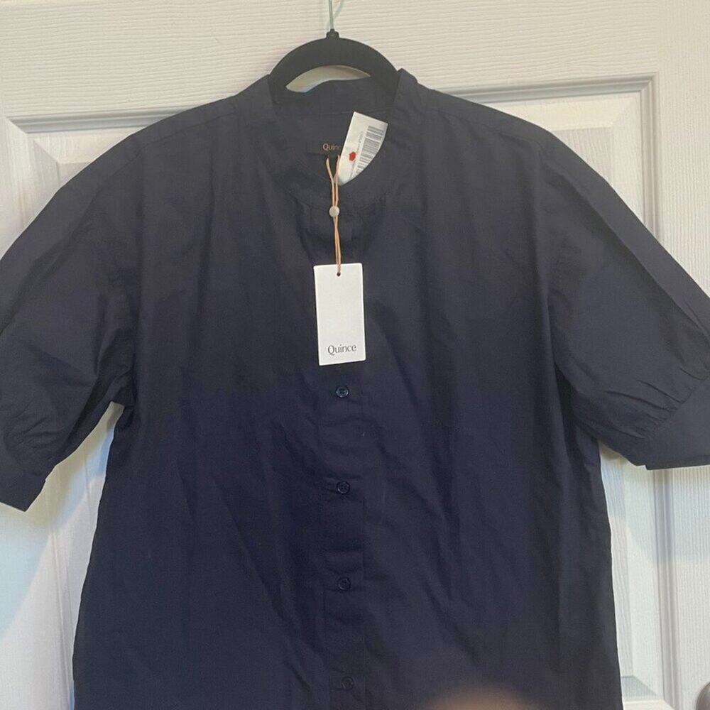 New! Quince 100% Organic Cotton Puff Sleeve Shirt Navy Medium #44